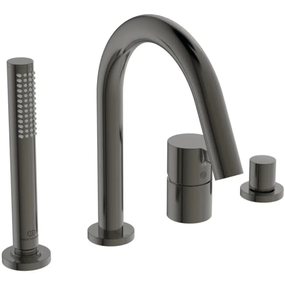 Armatur in Magnetgrau von Ideal Standard, bestehend aus einem gebogenen Wasserhahn, einem separaten Handbrause-Anschluss und zwei Steuergriffen für die Wassertemperatur.